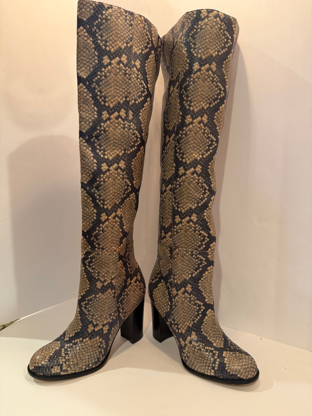 Sam Edelman Knee-High Snakeskin Print Heeled Boots - Beige & Black